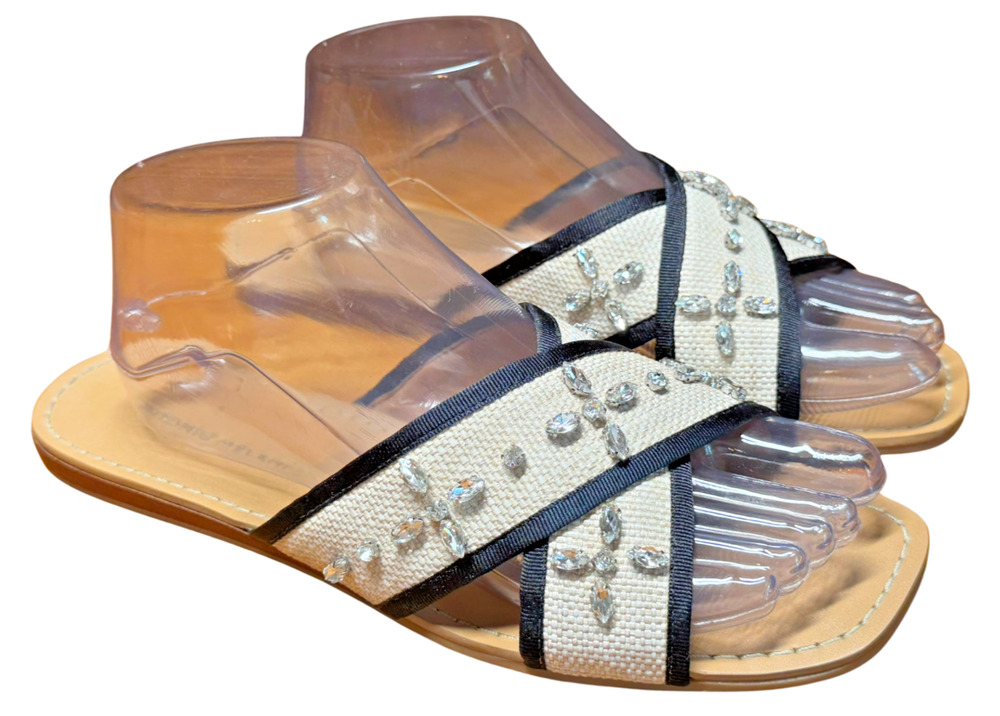ANTONIO MELANI Tan and White Embellished Cross-Strap Sandals